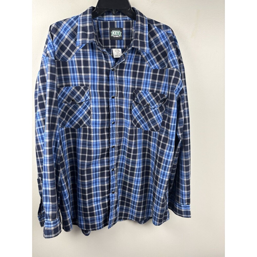 Key Size 2XLR Black Pearl Snap Western Shirt Blue Plaid Long Sleeve EUC